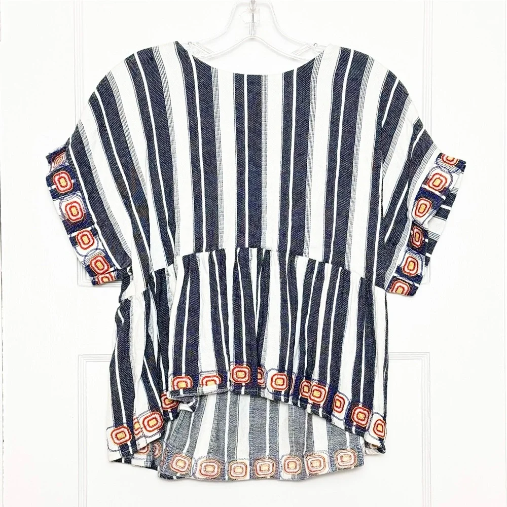 MAEVE Linen Navy Stripe Embroidered Short Sleeve Empire Waist Boho Chic Top L - Picture 3 of 8
